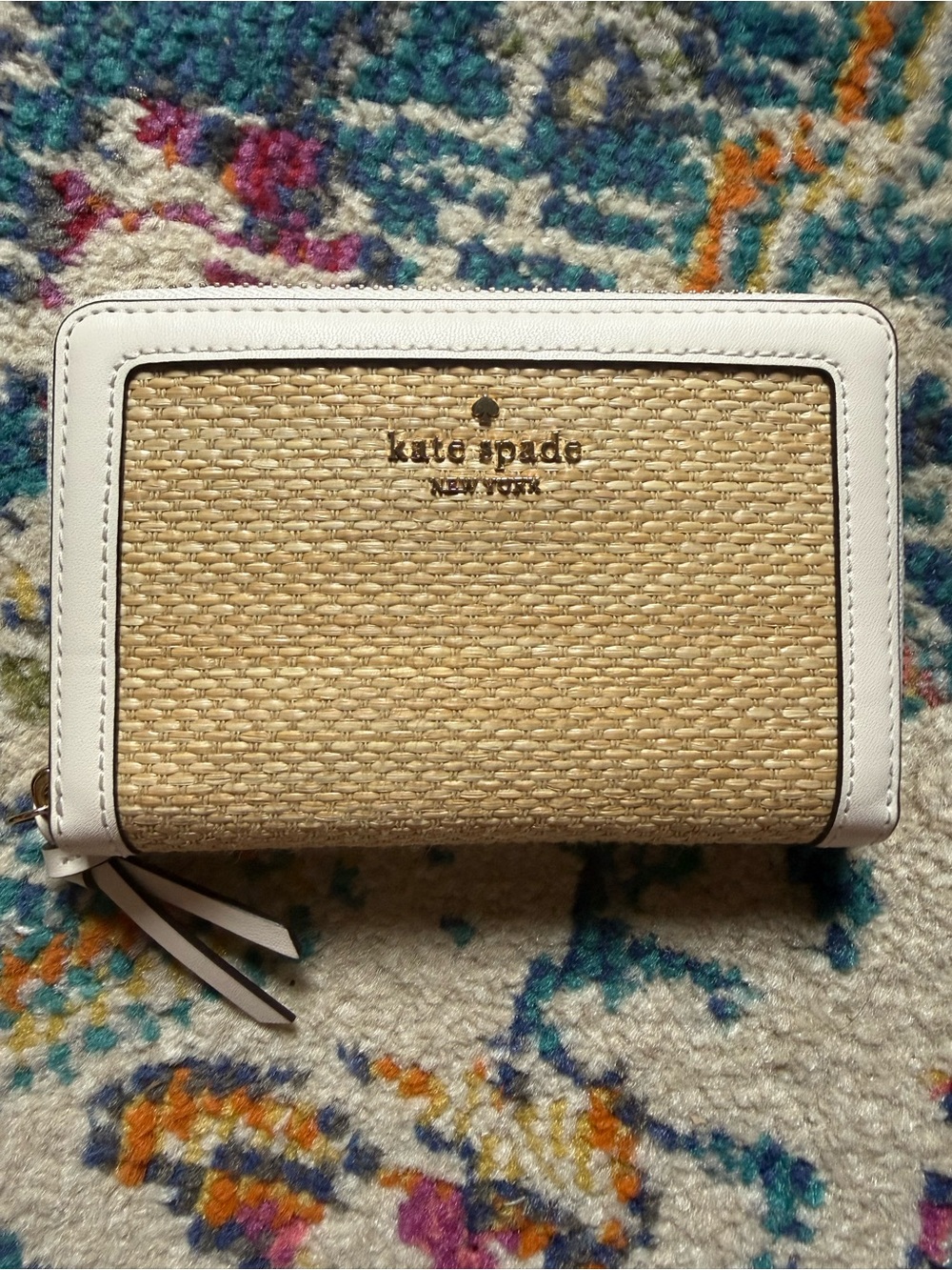 kate spade Natural Straw Zip Wallet with White Trim